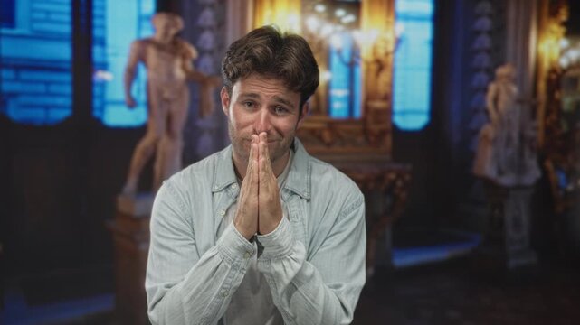 Man with hands pressed together in prayer gesture inside ornate museum hall facing camera; pleading.