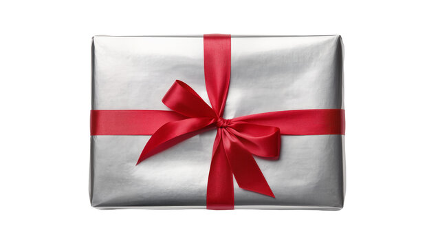 Silver metallic gift box tied with vibrant red satin ribbon, isolated on transparent background for festive celebrations