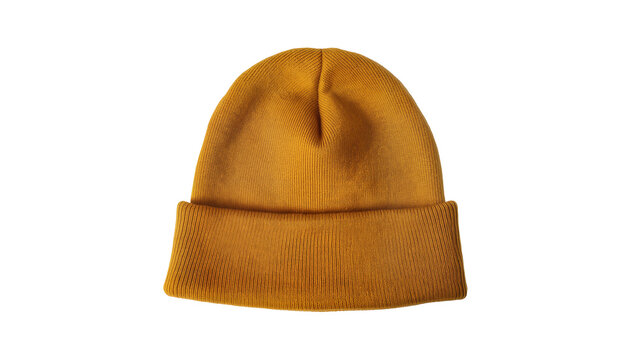 Mustard yellow knitted beanie hat with folded brim, perfectly presented isolated on transparent background for winter fashion