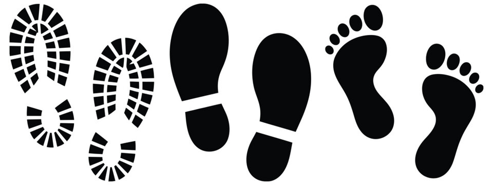 Footprints icon set, walking steps, barefoot and boot print symbols, shoe sole and track indicators, suitable for navigation, activity tracking, or trail marking, clean line style, vector illustration