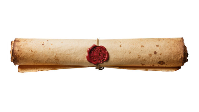 Ancient rolled parchment scroll secured with crimson wax seal, isolated on transparent background for historical documents