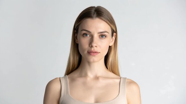 Studio portrait of woman facing camera with neutral expression representing simplicity confidence and contemporary lifestyle aesthetic