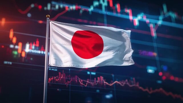 Japan flag combined with stock market data representing economic activity financial trends and global investment climate
