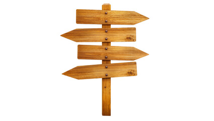 Rustic wooden directional signpost with four arrows clearly visible and isolated on transparent background, for travel guidance © Nicolae