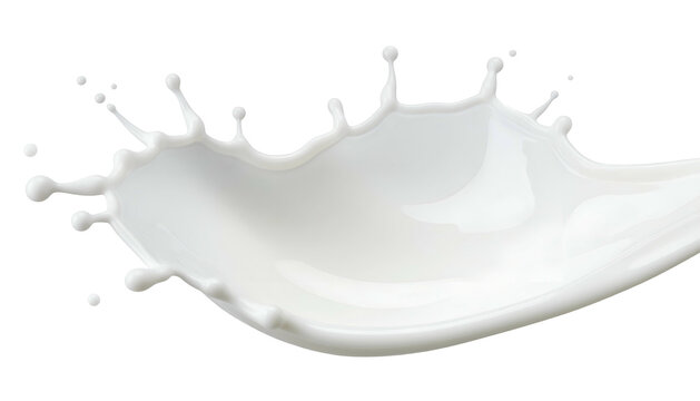 A dynamic, milky white liquid splash with droplets and a smooth, flowing curve against black