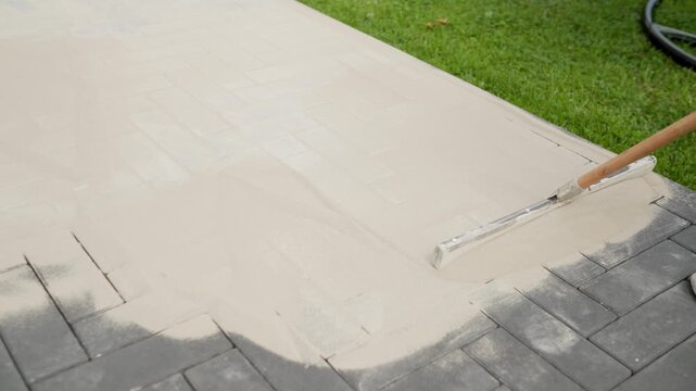 Detailed close up of a worker using a tool to fill the joints of new gray paving stones with sand. Neutral color palette and shallow depth of field. Concept of construction, landscaping, and detail.