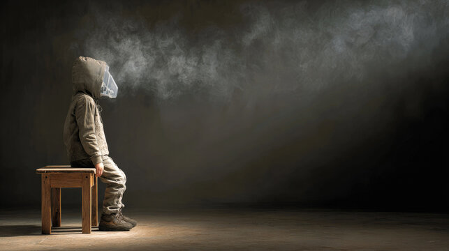 Child wearing nebulizer mask sits on wooden bench as steam surrounds, creating dramatic and emotional atmosphere in dark room with soft lighting