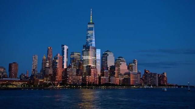 One World Trade Center and Manhattan skyline blue hour. Night view of Lower Manhattan skyline featuring illuminated One World Trade Center and building reflections on water.