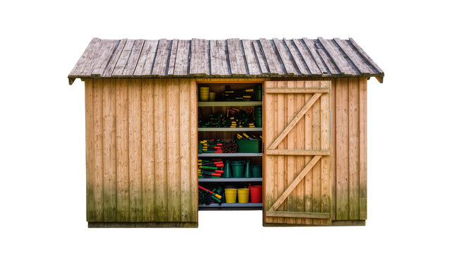 Rustic wooden garden shed with open doorway revealing colorful tools, isolated on transparent background
