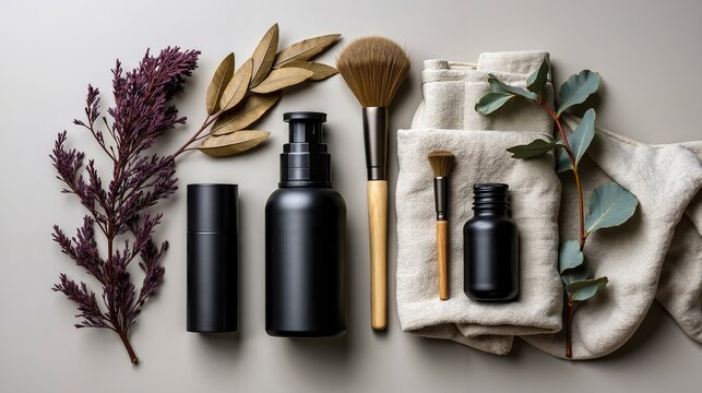 A set of makeup brushes a bottle of liquid and a cloth with a plant on it