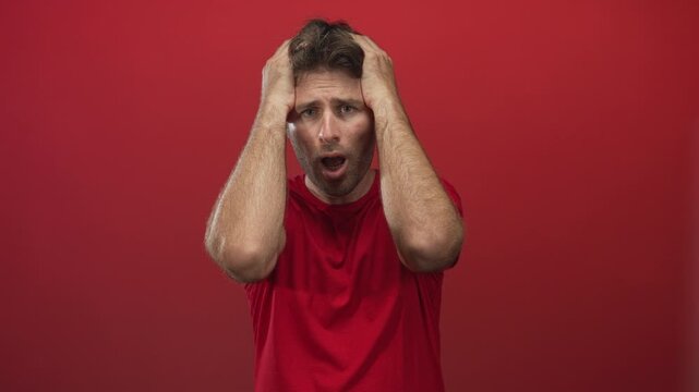 Man with hands on head, open mouth and tense expression in a red studio setting showing bare forearms and palms; panic reaction.