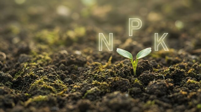 A tiny green seedling emerges from rich dark soil with glowing NPK letters indicating essential plant nutrients for growth.