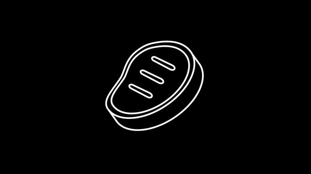 Animated BBQ Grill Meat Steak White Line Art Icon on Black Background