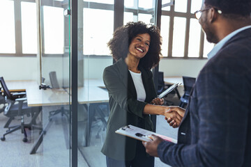 Business Handshake Between Smiling Female Professional and Colleague in Modern Office Meeting © Dragana Gordic