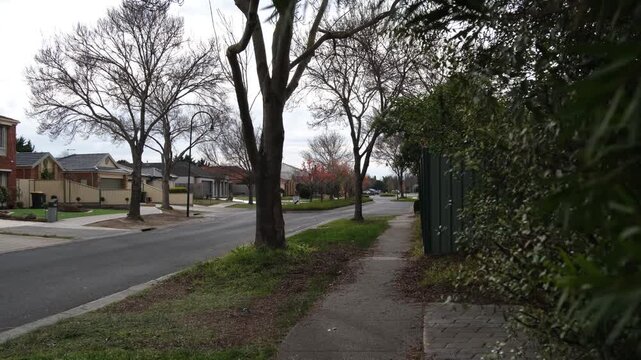Residential street in suburban Melbourne, Australia, on an overcast winter day, with leafless trees and a subdued, grey atmosphere. Quiet road, local houses and a moody suburban environment. 