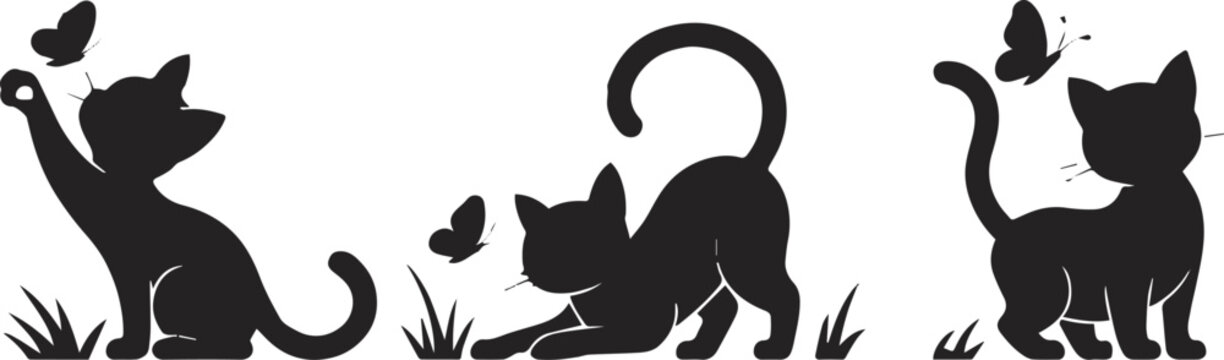 cat trio silhouettes interacting with butterflies in grass scene vector