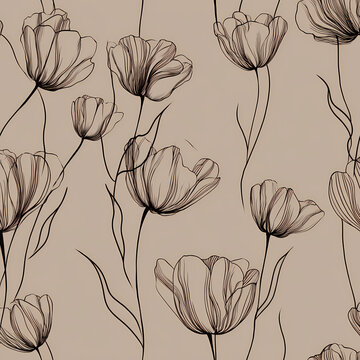 A pattern of flowers fills the canvas with fine outlines on a light background. Each flower shows the detailed structure and design. Nature is represented through artful lines and shapes.
