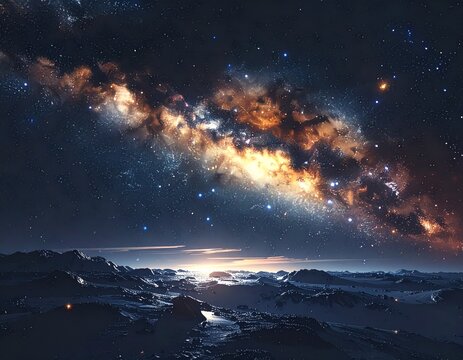 Galaxy clusters illuminate the dark horizon above a desolate, rocky planetary surface under a vast and star-filled night sky.