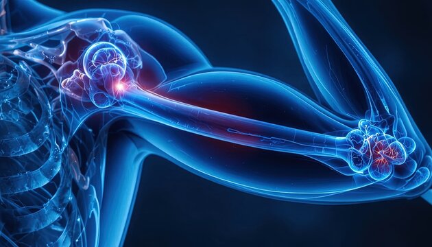 Medical Illustration of Arm Bones and Muscles: Anatomy and Injury Highlighted in Blue and Red