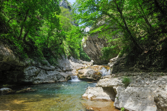 Loup River flows through gorges surrounded by green trees in the Alpes-Maritimes area of southeast France