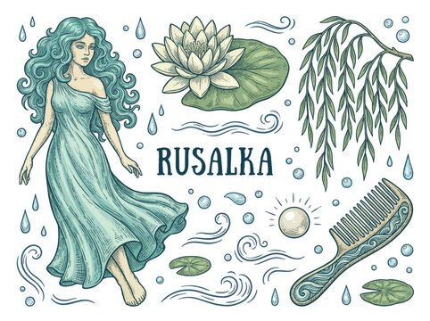 Slavic Water Spirit Rusalka Vector Illustration Set with Water Lily, Willow Branch, and Vintage Hair Comb. Mythological Mermaid Graphic Elements on Black Background.