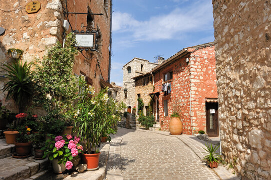 Exploring a narrow street in the village of Tourrettes-sur-Loup in the Alpes-Maritimes region of France