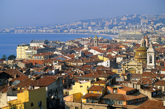 View of Vieux-Nice with Baie des Anges in the background showcasing the cityscape of Nice, Alpes-Maritimes, France