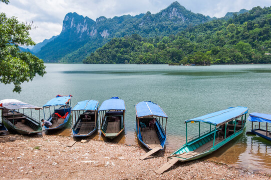 Ferryboats docked at Ba Be Lake waiting to transport visitors to nearby villages in Bac Kan province