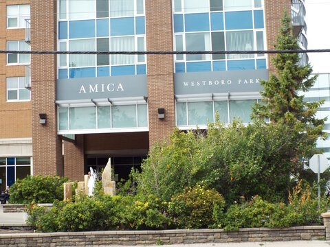 Ottawa, Ontario, Canada &ndash; July 23, 2026: Exterior view of "Amica Westboro Park" senior living residence featuring modern brick architecture and landscaping at 491 Richmond Road.
