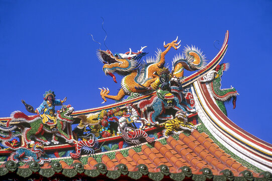 Decorative elements on the roof of the Bao-an temple in Taipei highlight traditional architecture and craftsmanship in Taiwan