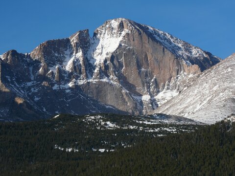 Longs Peak with snow, Rocky Mountains winter landscape in Colorado, USA