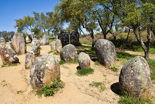 Ancient stones stand in a line under blue sky at Cromlech of the Almendres near Evora in Portugal