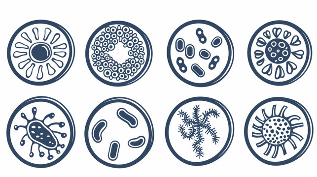Eight graphic circles depicting different microscopic life forms. Detailed illustrations on a white backdrop
