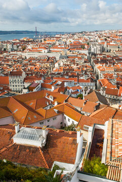 Overview of Baixa and Chiado districts from Sao Jorge Castle with Tage river in the background in Lisbon Portugal