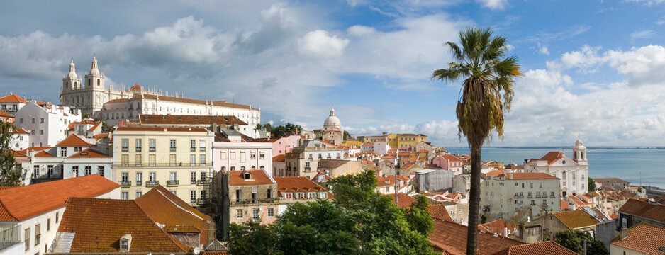 Views of Monastery of Sao Vicente de Fora from Belvedere Portas do Sol in Lisbon with rooftops and palm trees in the foreground