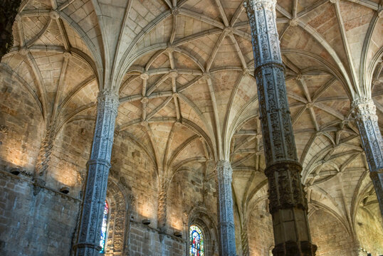 Exploring the unique architectural details of the Church of Santa Maria in Jeronimos Monastery in Lisbon, Portugal