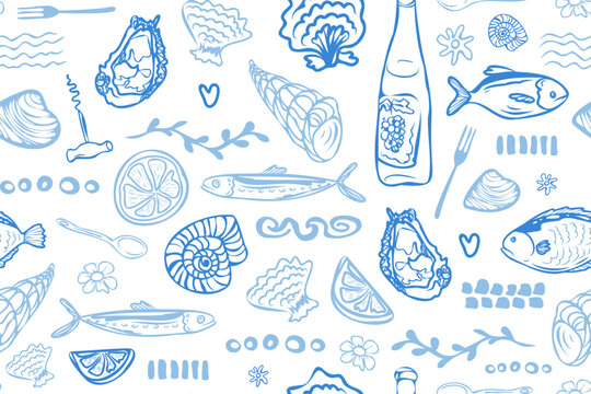 Seamless Seafood Pattern with Fish, Shells, Lemon and Wine Bottle in Hand Drawn Line Art Style, Mediterranean Blue Vector Background for Restaurant Menu, Packaging, Textile and Coastal Cuisine Design