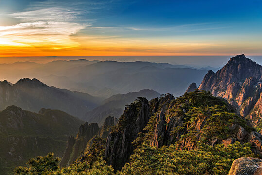 Sunrise reveals mountain peaks and valleys in Huangshan in Anhui Province, China