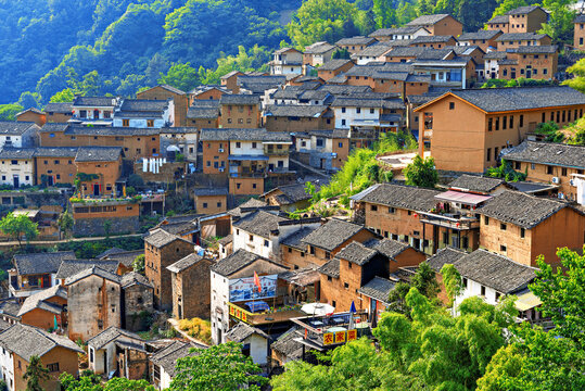 Ancient earthen buildings in YangChan Tulou village show long history in Huangshan, Anhui Province, China