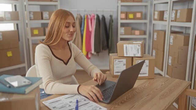 Woman closing laptop with hands on lid in studio amid cardboard boxes, shipping labels and clothing rack, smiling while packing orders; online business satisfaction.
