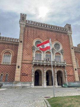 Museum of Military History located in Arsenal of Vienna displays Austrian flag outside its entrance