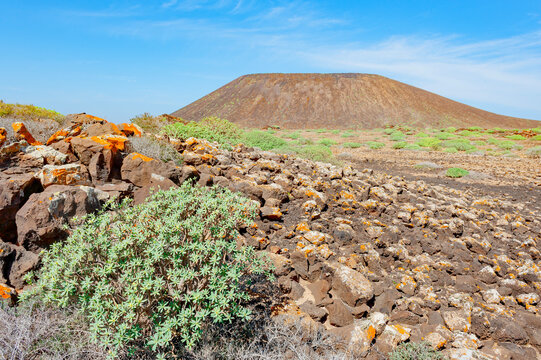 Lobos Island showcases volcanic landscape and rocky terrain in Fuerteventura, Canary Islands, Spain