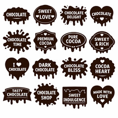 Fototapeta premium Set of 16 Chocolate Labels and Badges – Vintage Dripping Chocolate Logos with Hearts and Splashes Vector Collection
