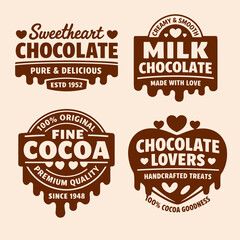 Obraz premium Collection of Four Vintage Brown Chocolate Typography Logos and Badges Set, Sweetheart Chocolate, Milk Chocolate, Fine Cocoa and Chocolate Lovers, Retro Dripping Design Elements