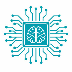 Fototapeta premium Flat Vector AI Brain Chip Icon – Teal Digital Neural Processor with Circuit Connections