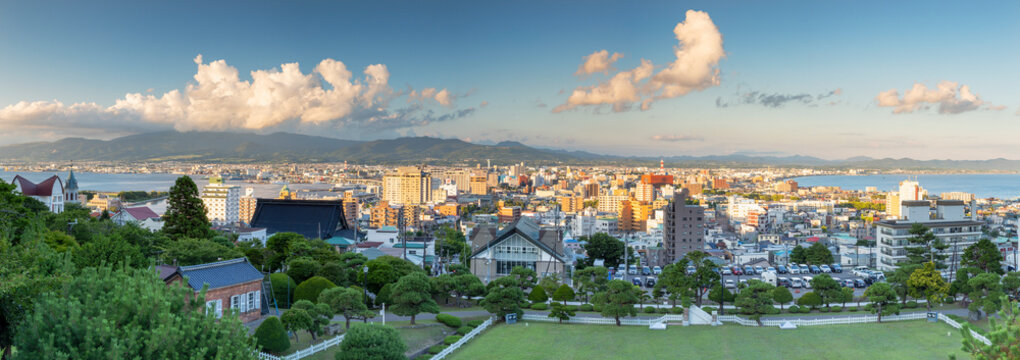 View of the urban landscape at Motomachi in Hakodate during sunset in Hokkaido, Japan