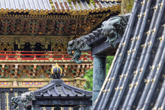 Details of Toshogu Temple structures show unique designs and craftsmanship in Nikko Tochigi Japan