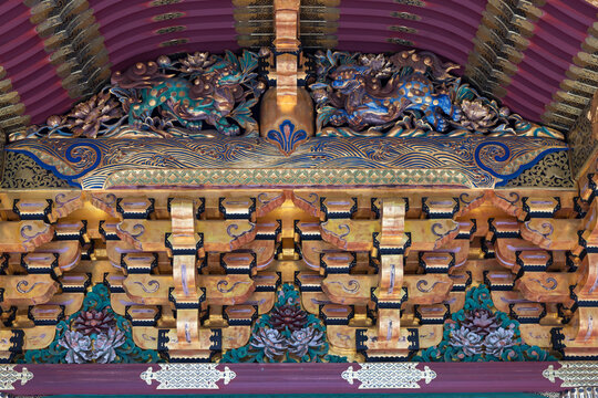 Detail view of Yashamon Gate at Mausoleum of Iemitsu in Rinnoji Temple in Nikko Tochigi Japan
