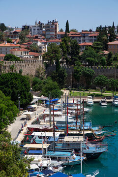 Boats docked at Antalya Kaleici Marina with surrounding buildings in Turkey