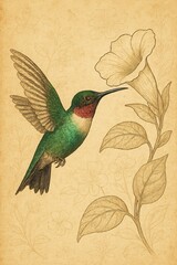 Fototapeta premium Antique style colored engraving of a hovering hummingbird and blossoms